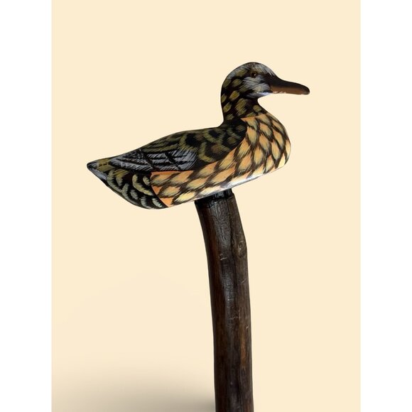 Vintage Hand Carved Wooden Painted Duck Walking Stick Cane Wood 32” - Picture 1 of 11